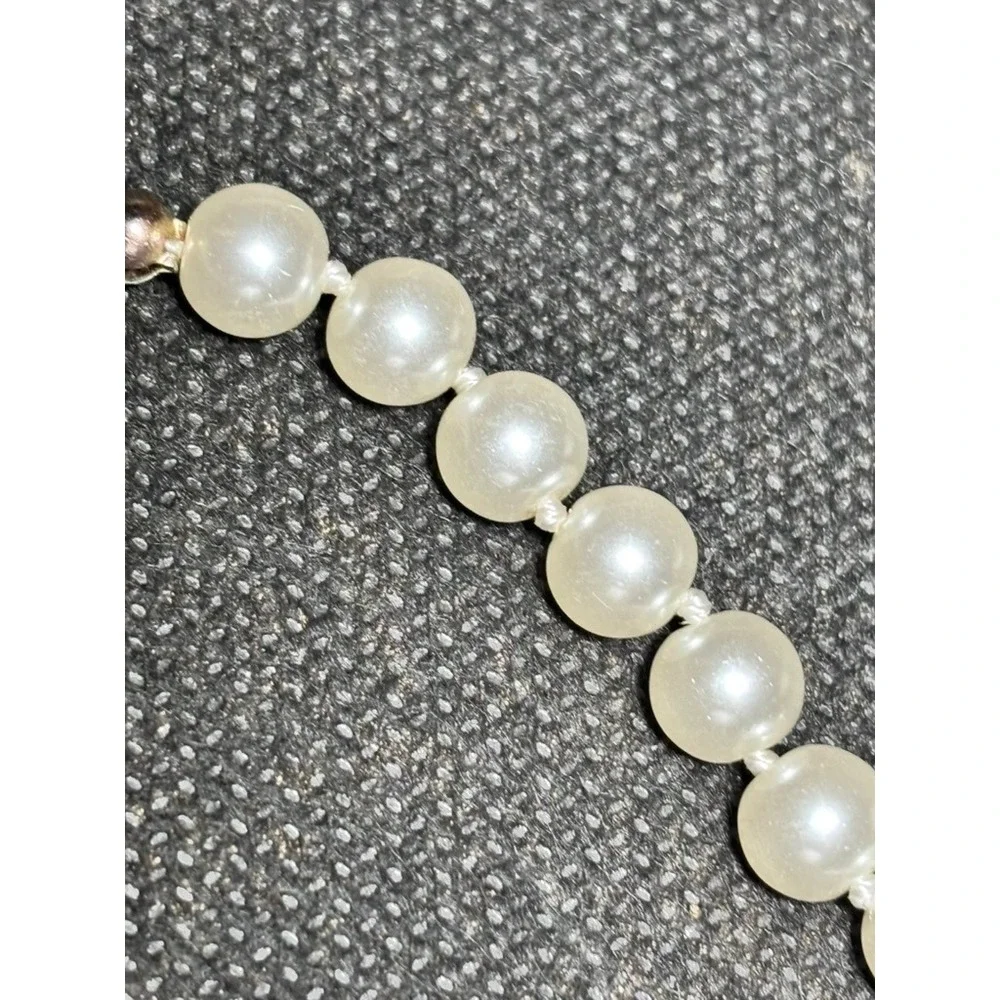 Vintage Filigree Clasp Hand Knotted Cream Faux Pearl Strand Necklace Gold Tone